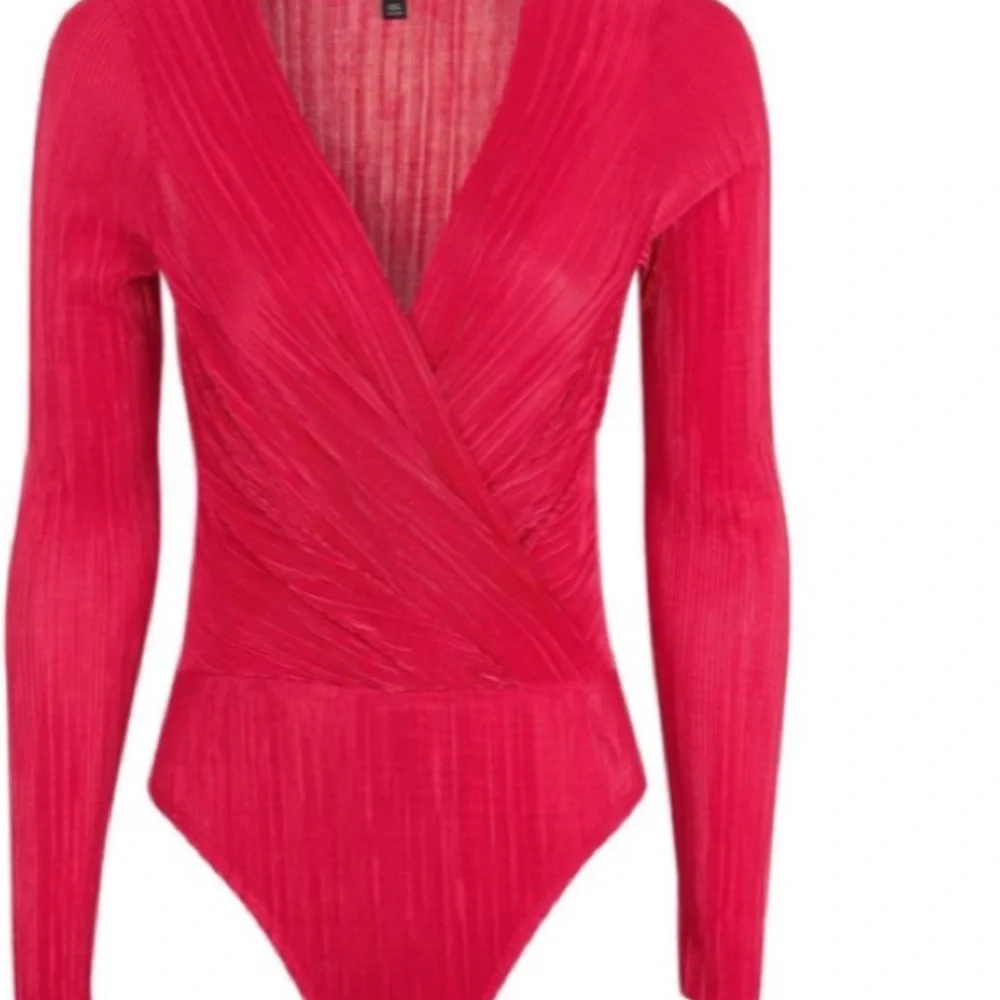 Topshop Plissé Faux Wrap Long Sleeve Bodysuit Pink Size 4 - Picture 4 of 13